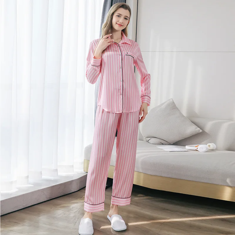 High Quality Sleepwear Victorian Pink Silk Satin Pajamas for Women\'s Spring Autumn Long Sleeved Home Wear 2-piece Set Nightwear