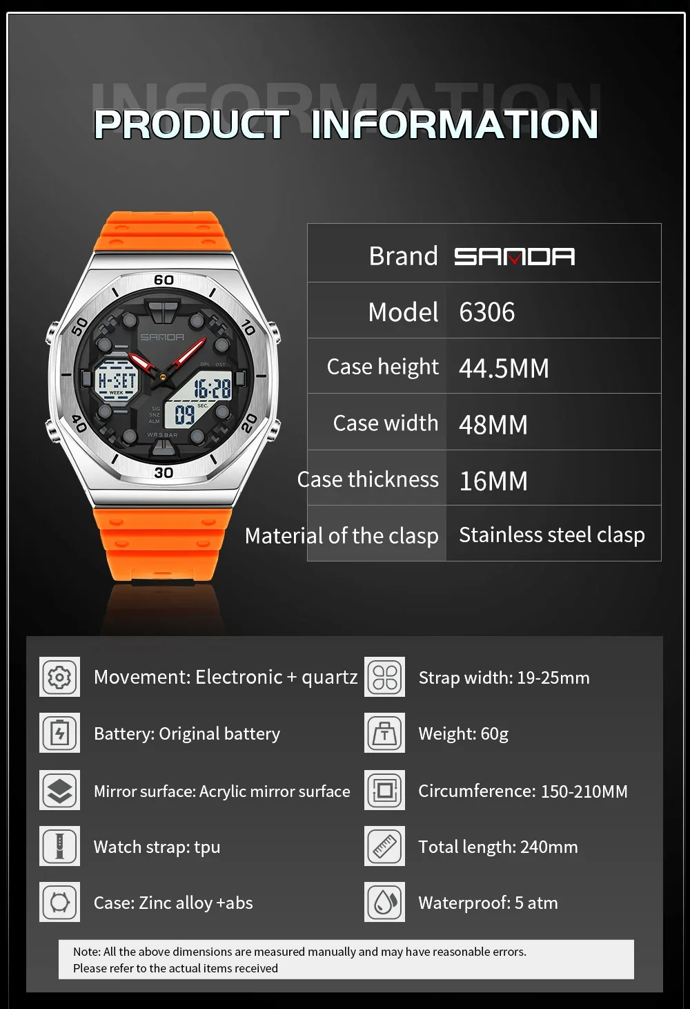 SANDA 6306 موضة ساعة إلكترونية للرجال عرض مزدوج متعدد الوظائف ضوء الليل ساعة تنبيه مقاوم للماء ساعة كول للجنسين 2026