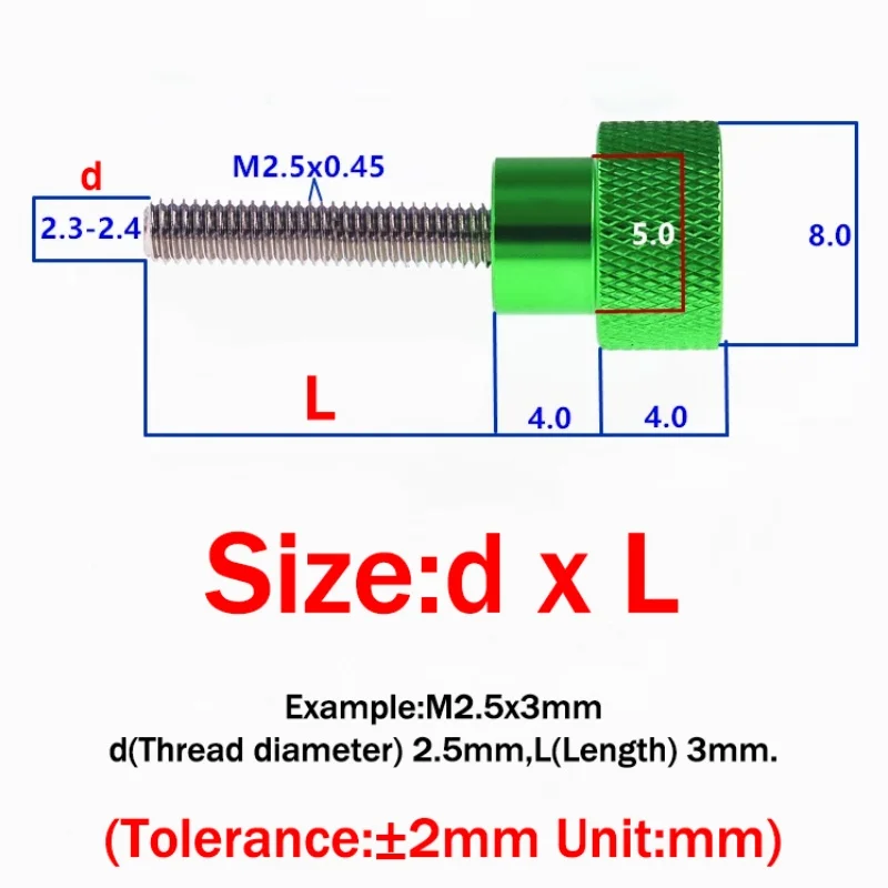 2Pcs Aluminum Thumb Screw M2.5 Aluminum Knurled Head Staniless Steel Thread Hand Tighten Thumb Screws Length 3/4/5/6/7/8~40mm
