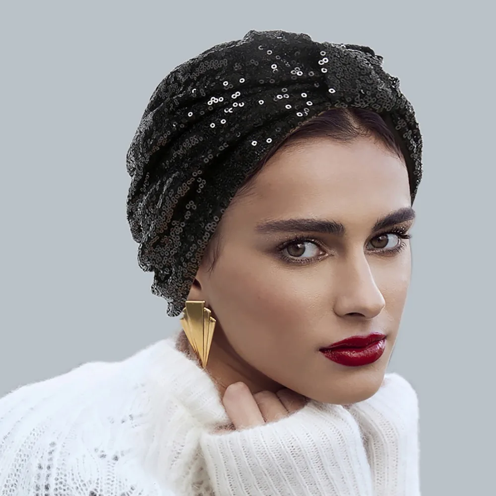 

Элегантный мусульманский тюрбан с блестками в стиле Рамадан, головной убор, женская повязка на голову, однотонная шляпа-хиджаб, женская шляпа