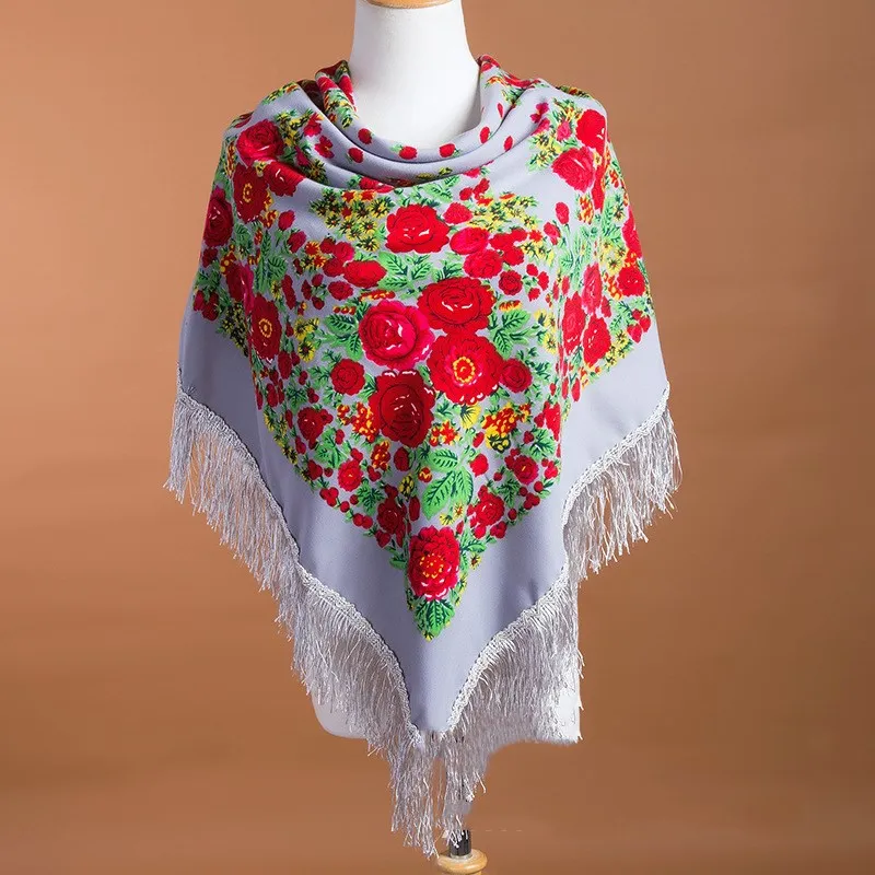 Russian Style Women Big Square Scarf Luxury Flower Printed Fringed Scarves Babushka Hijab Handkerchief Autumn Winter Shawl