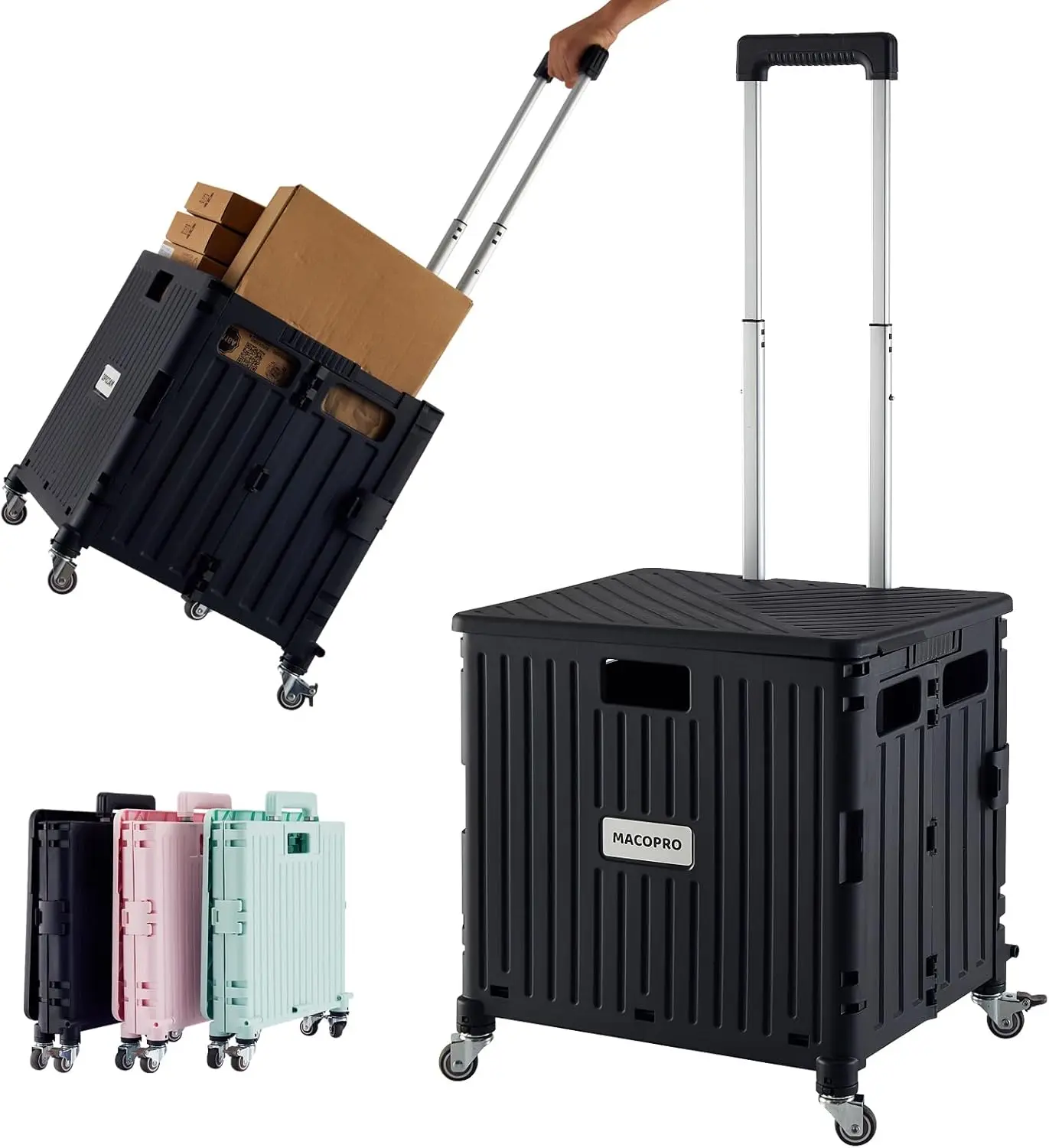 Folding Utility Cart Portable Rolling Crate Handcart Shopping Trolley Collapsible Tool Box, With Lid, Basket On 4 Rotate