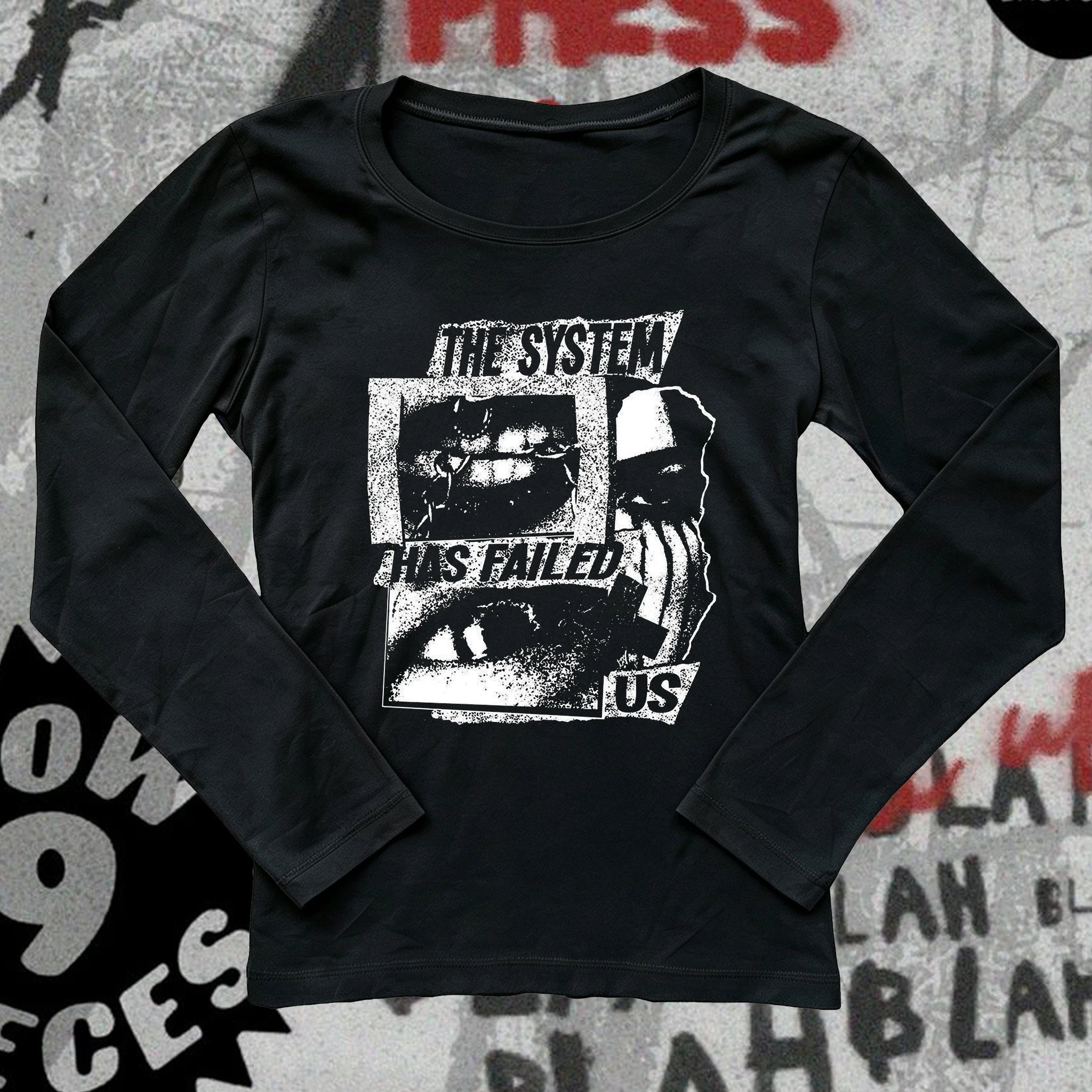 Grunge Punk Women Long Sleeve T‑Shirt The System Has Failed Us Collage Graphic Print Slim Fit Round Neck Basic Tee Goth Y2K Aest
