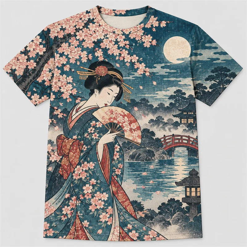 Japanese Ukiyo-e T Shirt Men Samurai Dragon Torii Fuji Geisha Graphic Short Sleeve Vintage Art Streetwear Casual Fashion Tops