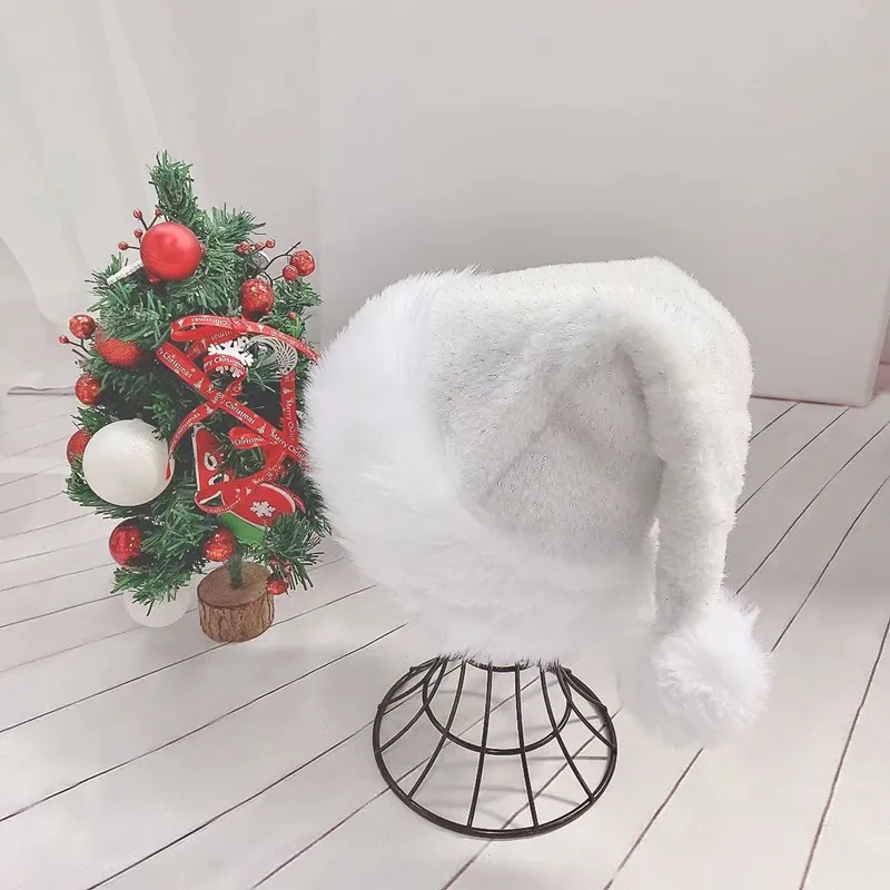 2025 Weihnachtsmütze, 30 x 45 cm, weiße Plüsch-Weihnachtsmütze, Unisex, bequeme Weihnachtsmütze mit heller Seide