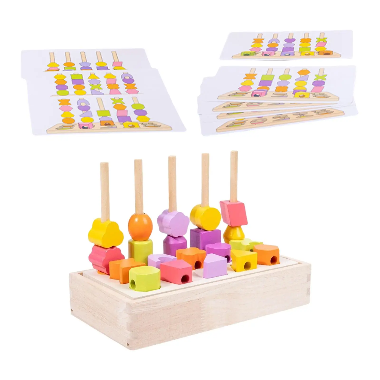 Montessori Toys Wooden Beads Sequencing Toy Set Learning Game Matching Shape Stacker for Garden