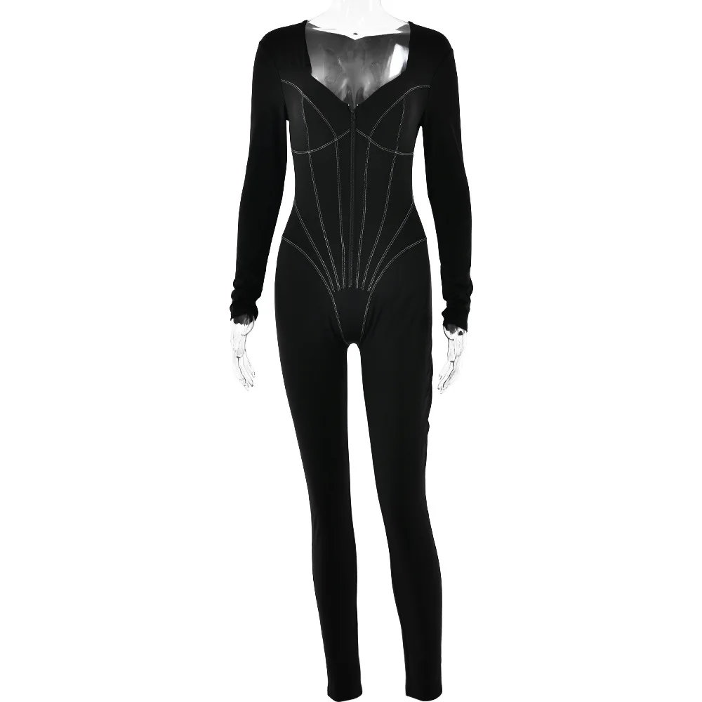 Women\'s 2024 autumn and winter sexy tight zipper jumpsuit European and American style autumn new long-sleeved V-neck leggings