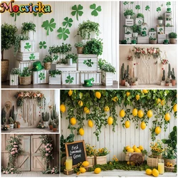 Mocsicka Spring Backgrounds For Photography Lemon Cactus Green Grass White Wall Decoration Easter Birthday Backdrop Shoot Studio