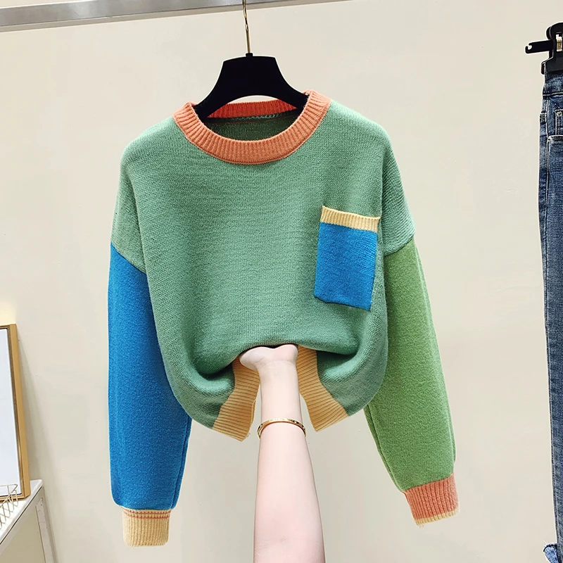 Casual Fashion Color-blocked Sweater Knitwear Women Sweet Loose Pullover Tops Long Sleeve Round Neck Chic Female Knitwear 2023