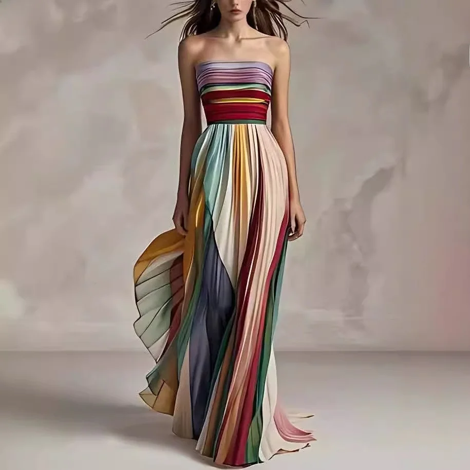 

Sexy Print Long Dress Gown New 2024 Independent Station Cross-Border Strapless High Waist Knitted Cotton Polyester