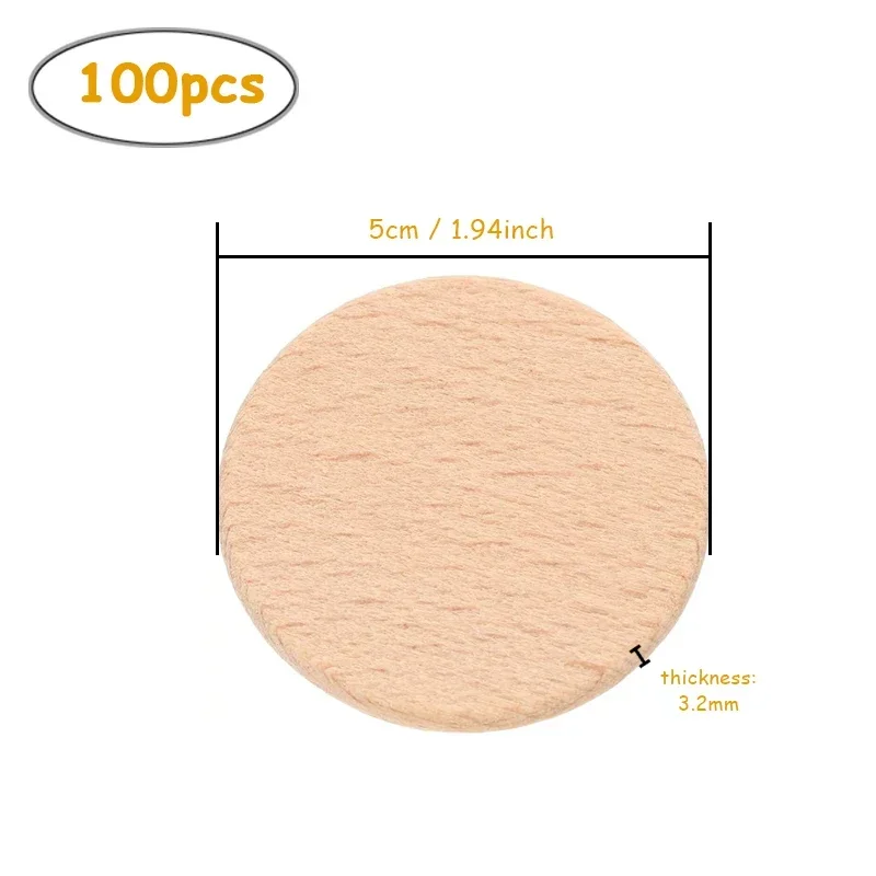 100pcs 5cm Natural Wood Circles Slices, Unfinished Cutout Round Wooden Piece Discs Blank Tags for DIY Crafts Projects Ornaments