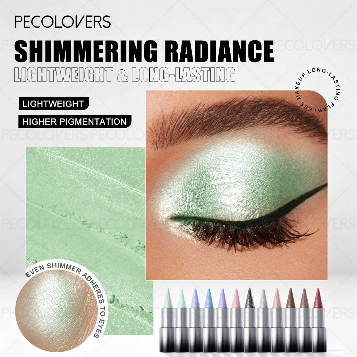 7PCS/Set Green Eyeshadow Stick + Black Eyeliner + Mascara + Brush Set - Waterproof, Pearlescent, Creates Stunning Eye Makeup