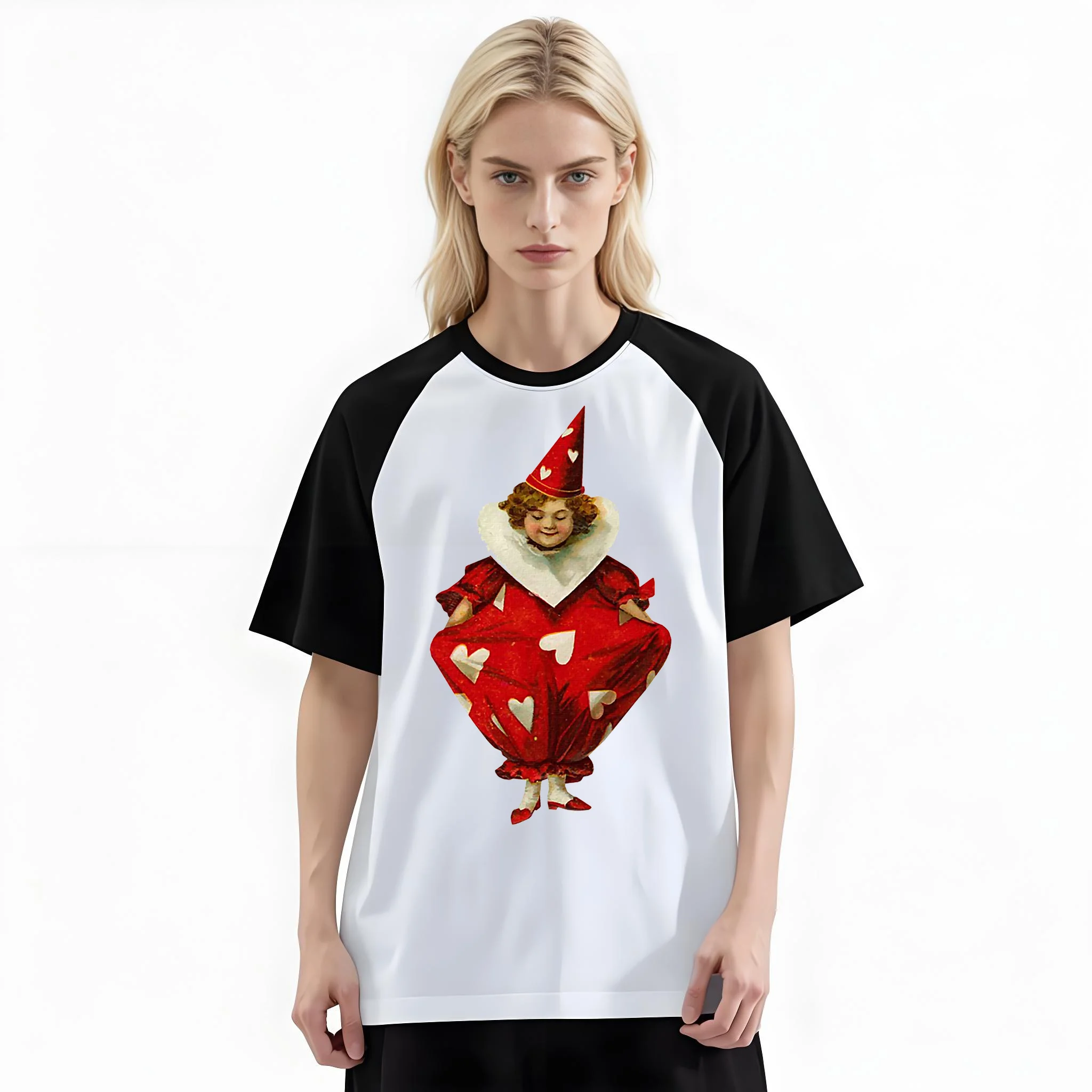 Women'S Fashion Raglan Sleeve T-Shirt, Vintage Red Heart Clown Kid Retro Art Printed, Summer Casual Comfortable Tee, Women'S Everyday Short-Sleeve Top