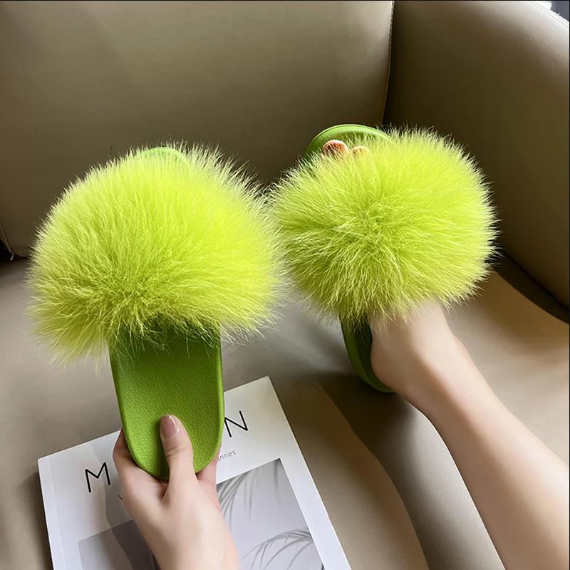 Real Fur Slippers Fluffy Flat Slides Fur Fluffy Sandals Girls Beach Home Plush Slides Furry Flip Flops Women Bedroom Warm Shoes