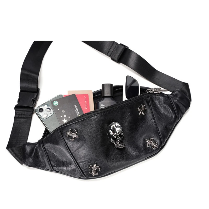 Annmouler 2022 Unisex Waist Packs Punk Style Fanny Pack Black Leather Skull Chests Bag Designer Rivet Phone Pouch Adjustable Bag