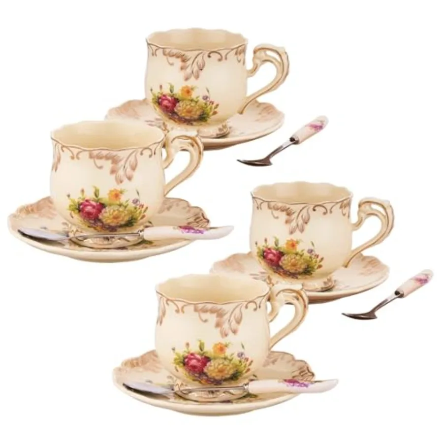

Tea Cups and Saucers Set of 4, 8 Oz Ivory Porcelain Teacup and Saucer with Gold Trim, Vintage Tea Cups with Spoon, European Sty