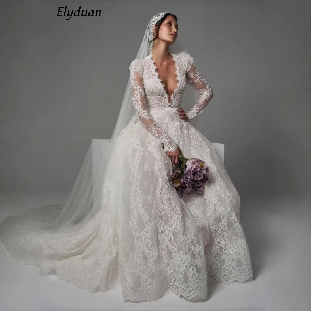 Vintage Ivory Lace Wedding Dress With Champagne Liner Deep V Long Sleeve A-line Bridal Gown Boho Bride Dresses Customized