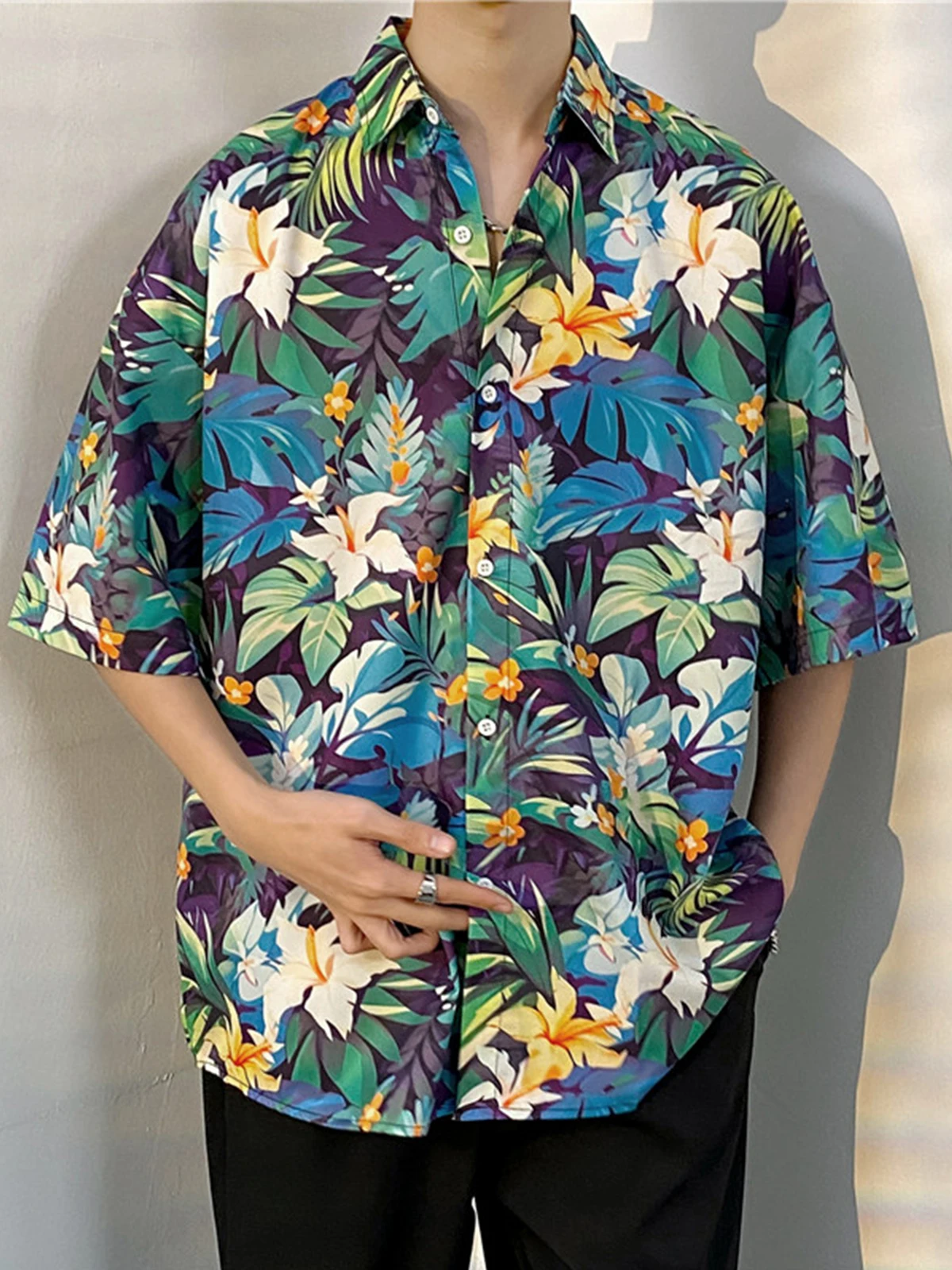 

Hawaiian Flower Casual Men Shirts Print with Short Sleeve for Korean Fashion Clothing Costumes Oversized Tops Sale Floral A34