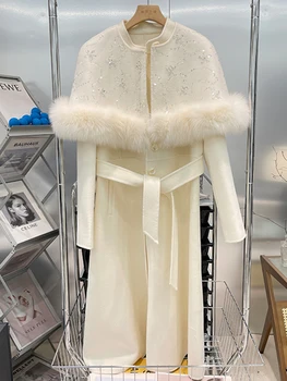 2024 החורף החדש עבה מעיל צמר חם נשים נשים טבעי שועלים פרווה צווארון אמיתי טבעי צווארון פרווה