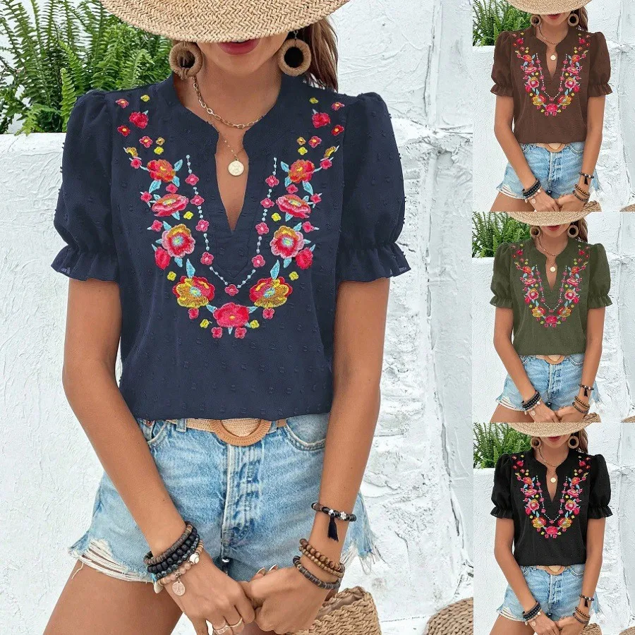

Summer Blouse Women Tops For Woman Cap Sleeve V Neck Blouses Floral Chiffon Blouse Navy Blue Puff Sleeve Women's Blouse