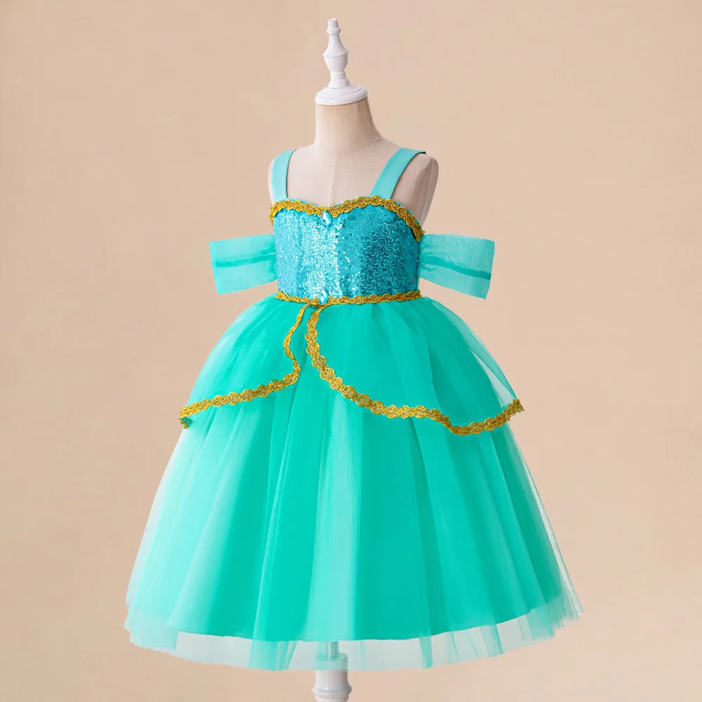 Girls Jasmine Princess Dresses Girl Sequin Cosplay Party Dress Child Shining Disney Birthday Gift Kids Elegant Evening Costumes