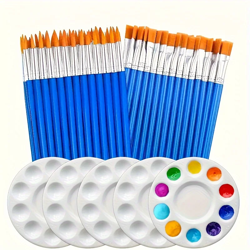 

60pcs Paint Brushes Set with 5pcs Round Palettes, Including 30pcs Flat and 30 Pointed Nylon Hair Artist Brushes For Painting