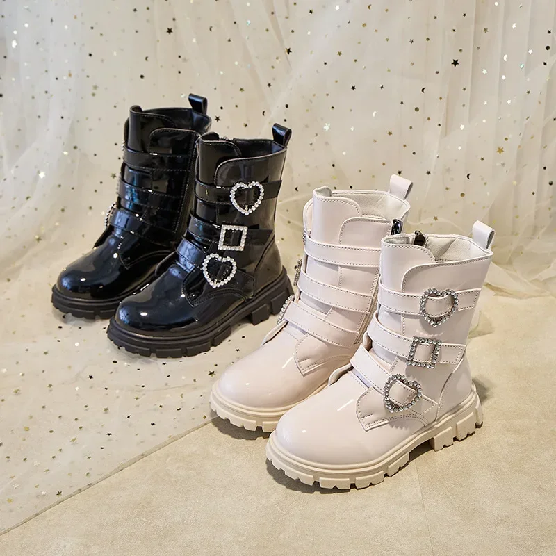Girls Boots Kids Fashion Rubber Boots Cool Girl Autumn and Winter Soft Sole Side Zip Princess Round-toe PU Children Ankle Boots