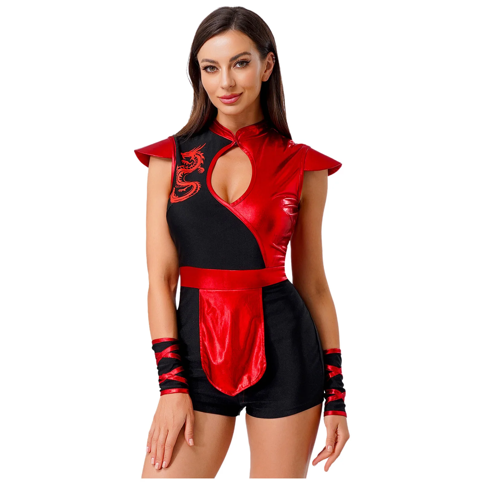 

Womens Ninjia Carnival Cosplay Costume Metallic Shiny Bodysuit Halloween Outfits Front Hollow Fly Sleeve Romper with Arm Warmers