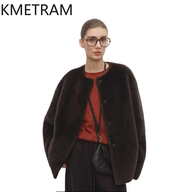 Damski płaszcz z prawdziwej wełny owczej Merino, dwustronny futro, styl vintage, kolor kawowy, kurtka zimowa, odzież damska 2025 шуба