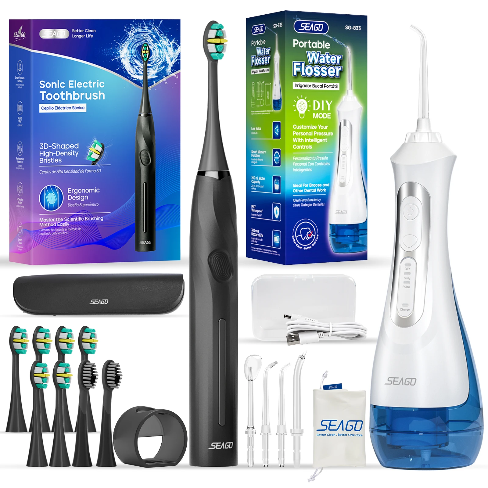 

SEAGO Electric Toothbrush and Water Dental Flosser,USB Rechargeable,with 8 Soft Bristle Heads for Adults,Pressure Sensor,5 Modes
