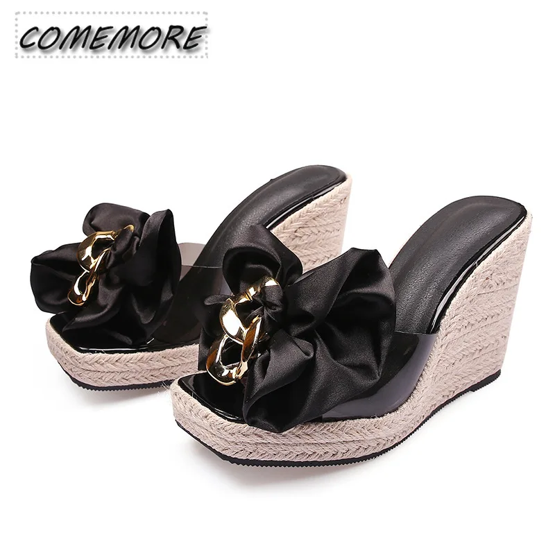 Luxury Sandals Platform Wedges Heel Slippers Women 2024 Summer Fashion Pink Butterfly-knot Designer Plus Size 45 46 Female Shoes