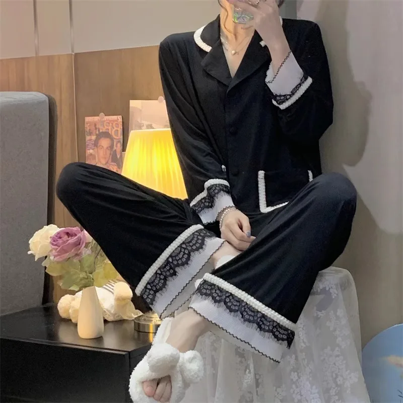 Autumn New Ins Pajamas Women\'s Korean Lace Pyajama Woman Set 2 Pieces Long Sleeved Cardigan Loose Pants Home Set Sleepwear