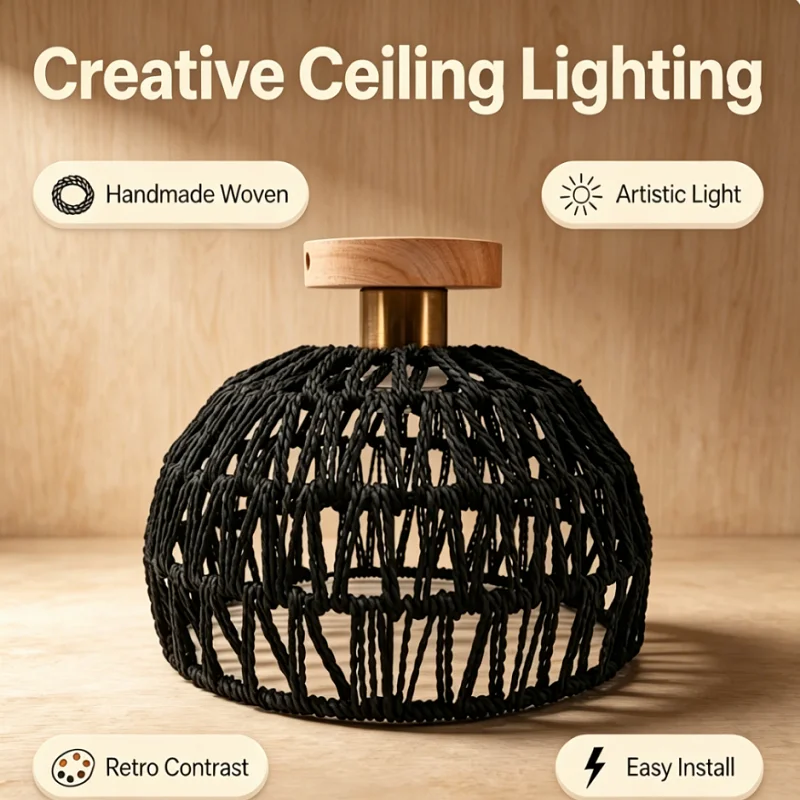 

Vintage Wabi Sabi Rattan Ceiling Light, Japanese Wood Lamp for Corridor Balcony