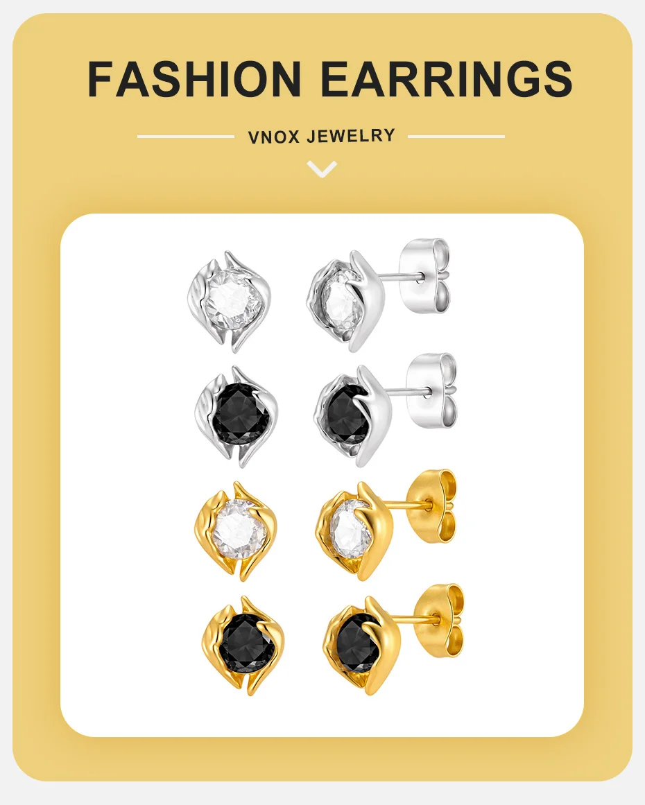Vnox Kupfer-Ohrstecker mit schwarzem und weißem Zirkon für Männer und Frauen, gold- und silberfarbener Ohrstecker, 7 x 8,6 mm, minimalistischer Schmuck, Geschenke – Detail 1