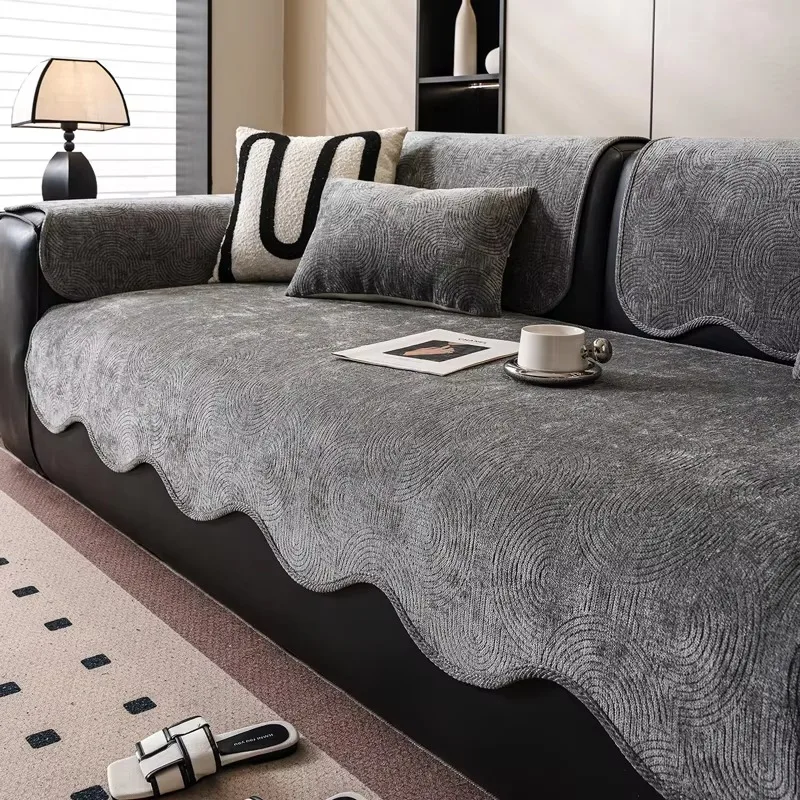 Non-Slip Silicone Base Light Luxury Chenille Sofa Cushion, Textured Wear Resistant Decorative Couch Cover for Living Room