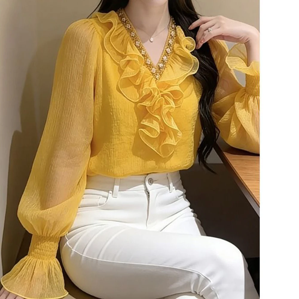 Yellow ruffle edge long-sleeved shirt women's 2026 new important occasion beautiful French light luxury temperament top spring - view 4
