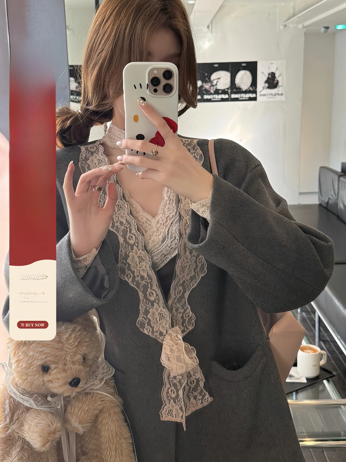 

Свободное шерстяное пальто для женщин с кружевной отделкой, корейское осенне-зимнее теплое большое пальто от BAI UI NAI