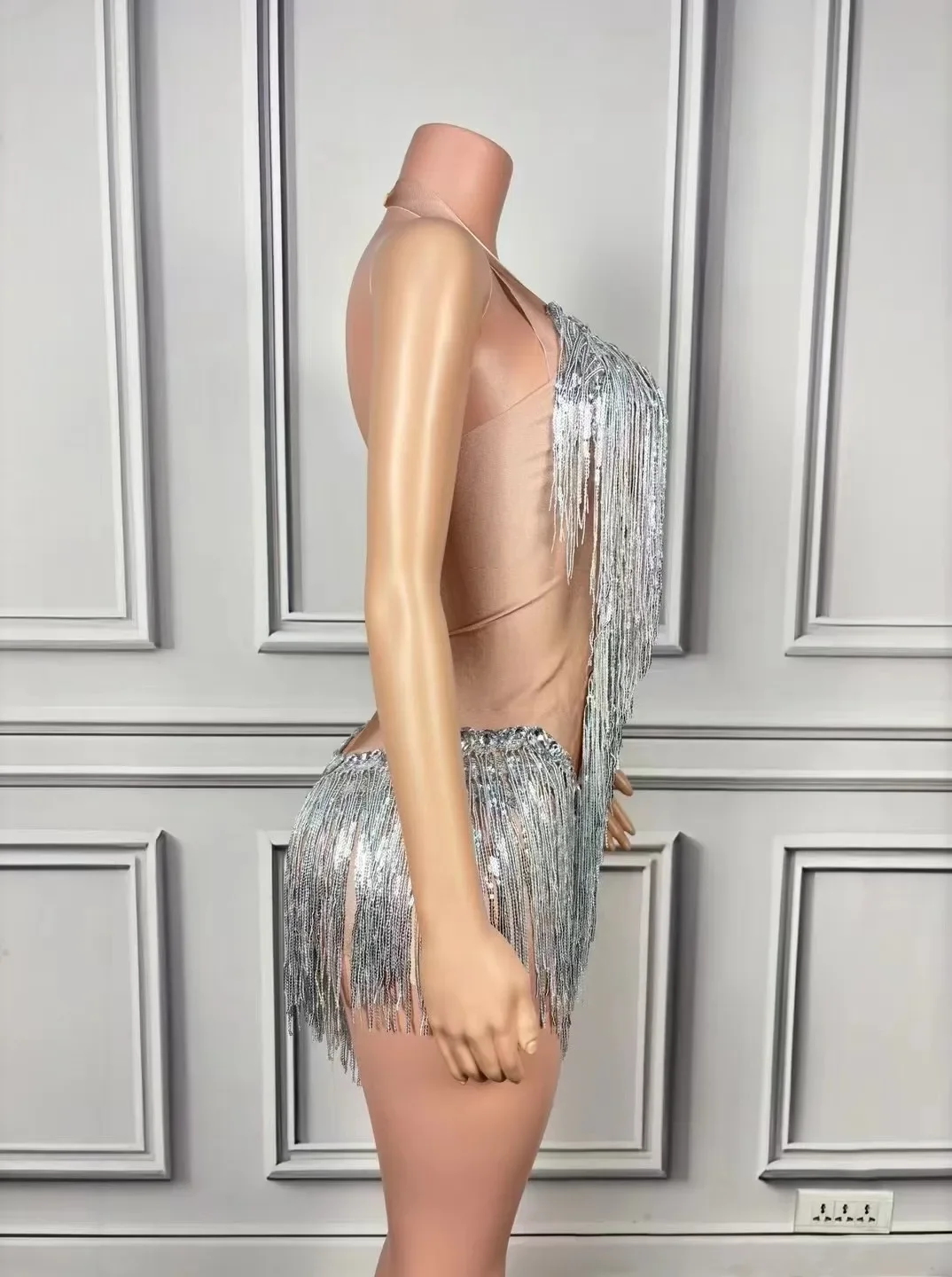 Nuovo argento halter nappa costume da ballo latino ballo di fine anno concorso festival musicale cantante canto costume spettacolo di auto modello vestito