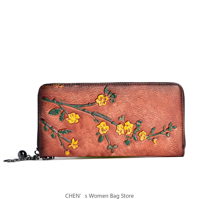 Vintage Women Wallets Embossed Long Zipper Wallet Ladies Purse Cards Holder Leather Woman Hand Rub Clutch Bags Genuine Leather