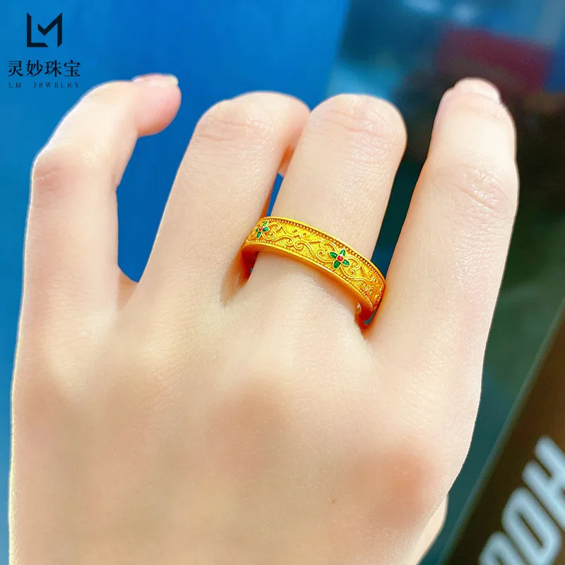 

9999 24K real gold luxury jewelry four-leaf clover ring men and women open with solid burnt blue enamel ring
