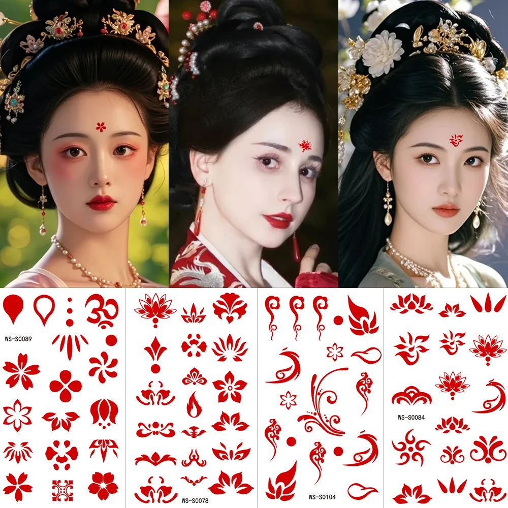 35Pcs Chinese Style Print Eyebrow Tattoo Sticker Girls Performance Hanfu Forehead Sticker Antique Flower Retro Temporary Tattoos
