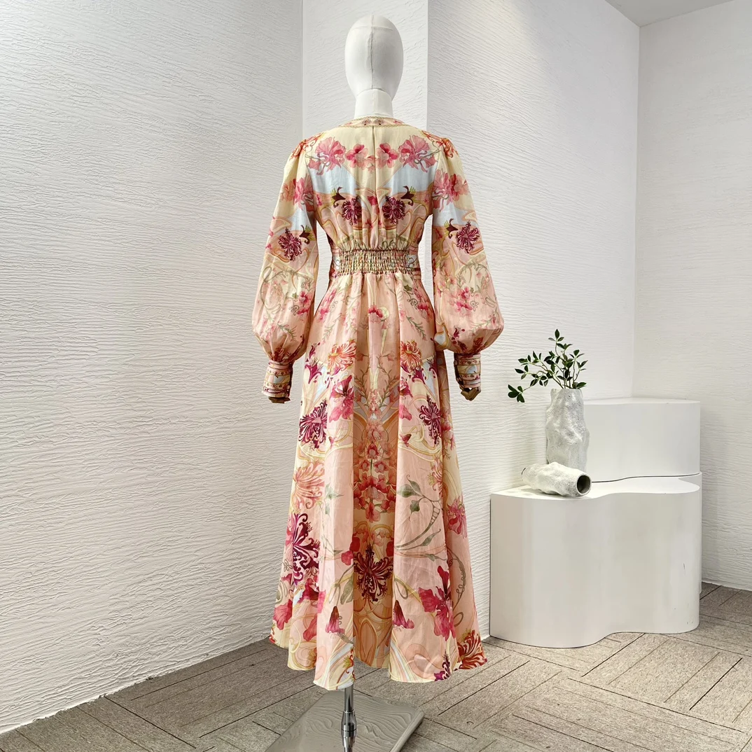 Stylish Women's Holiday Midi Dress Pink Red Floral Print Long Lantern Sleeve Deep V-neck High Quality Linen Female Dresses