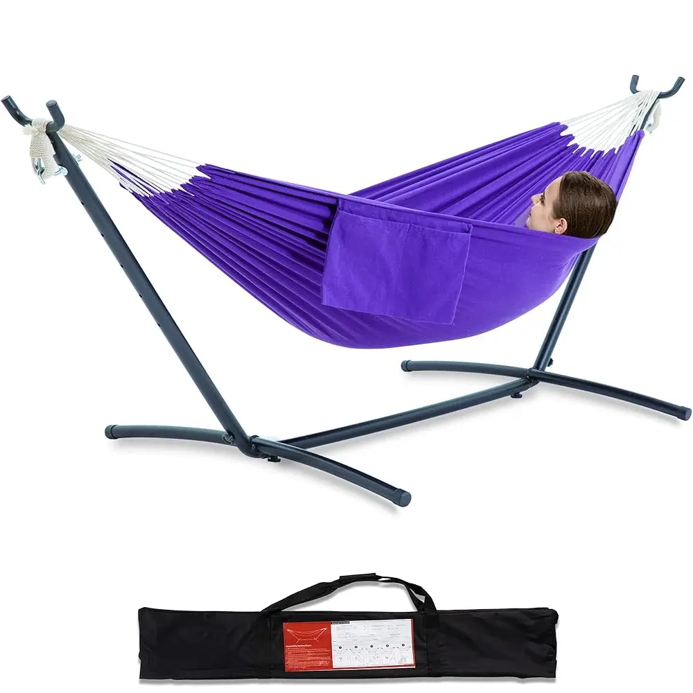 

Double Hammo With Space Saving Steel Stand 2 Person Heavy Duty Garden Yard Outdoor 450Lb Acity Hammocks And Portable Carrying