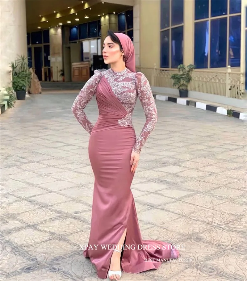 XPAY Modest Glitter Blush Pink Evening Dresses Dubai Arabic muslim Women Long Sleeves High Neck Satin Prom Formal Gowns Elegant