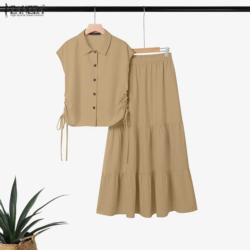 

ZANZEA Женские повседневные комплекты платьев 2026 Летние рубашки с короткими рукавами и длинные юбки Модные комплекты из 2 предметов Свободные однотонные элегантные уличные комплекты