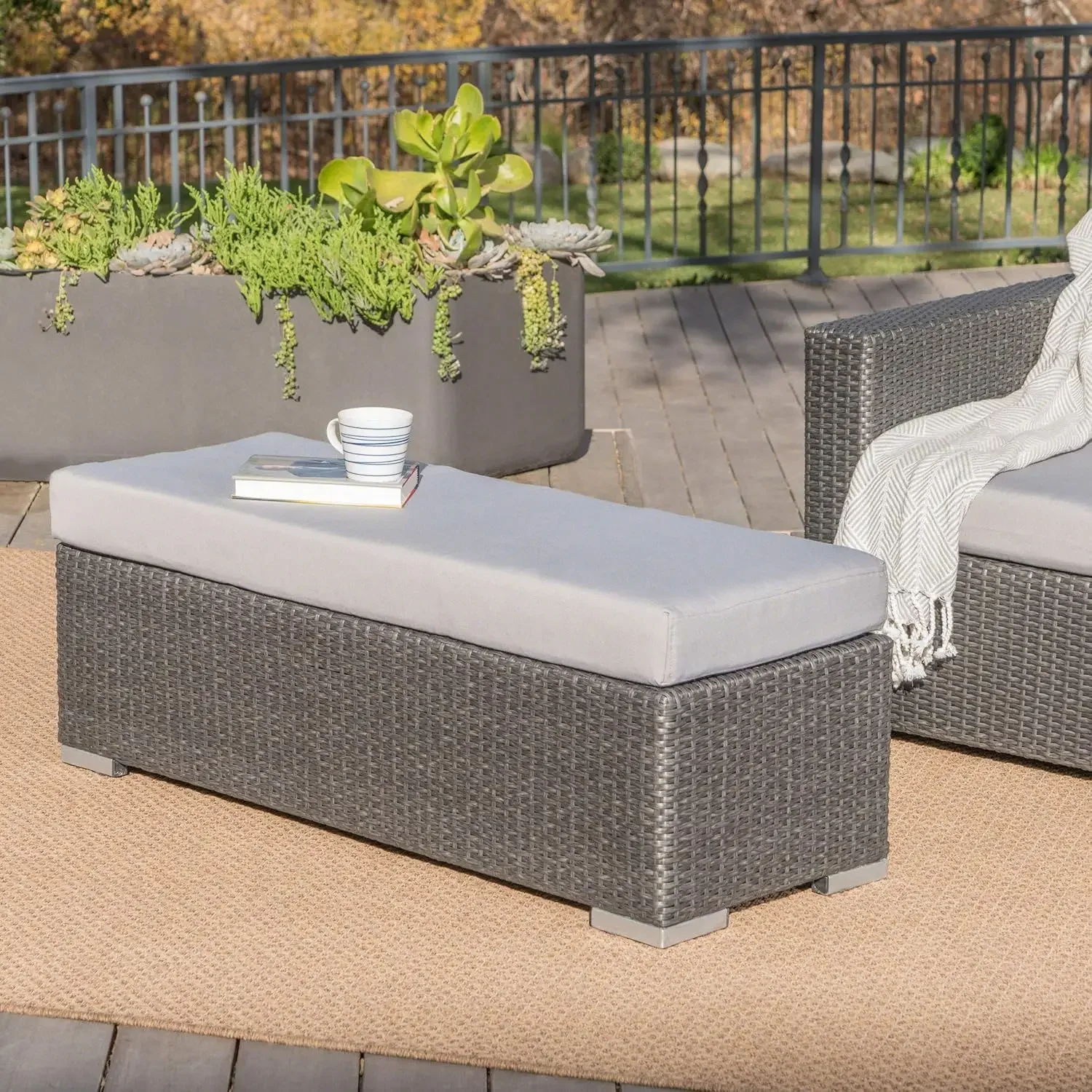 Knight Home Santa Rosa Outdoor Wicker Bench with Water Resistant Cushion, Grey / Silver Small