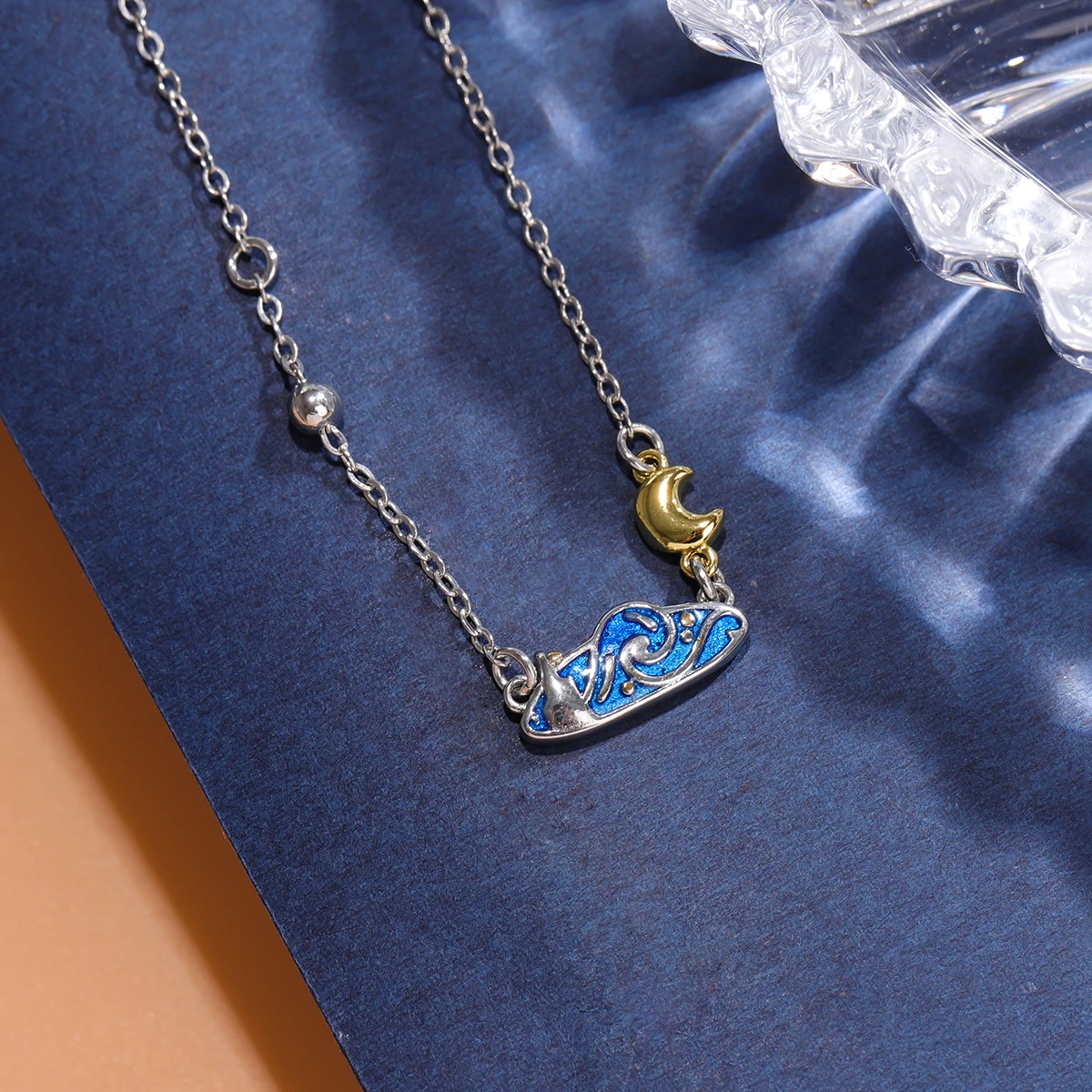 New Creative Van Gogh Star Personality 925 Sterling Silver Blue Epoxy Gold Color Moon Cloud Clavicle Chain Necklaces  XL124