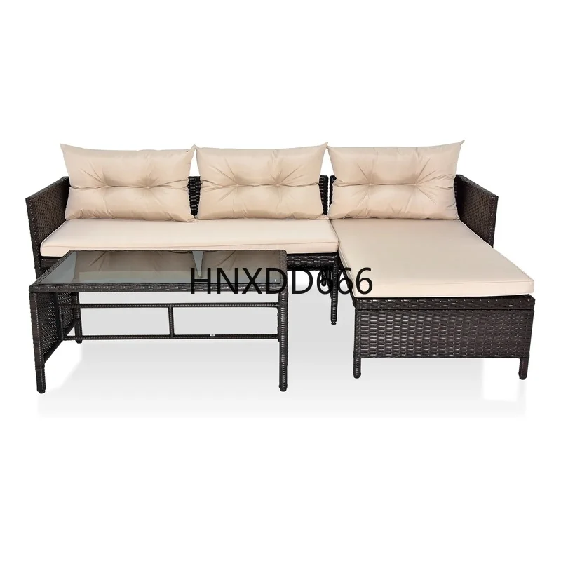 

3 Piece Outdoor Rattan Furniture Set, Patio Wicker Conversation Loveseat Sectional Couch with Khaki Cushions
