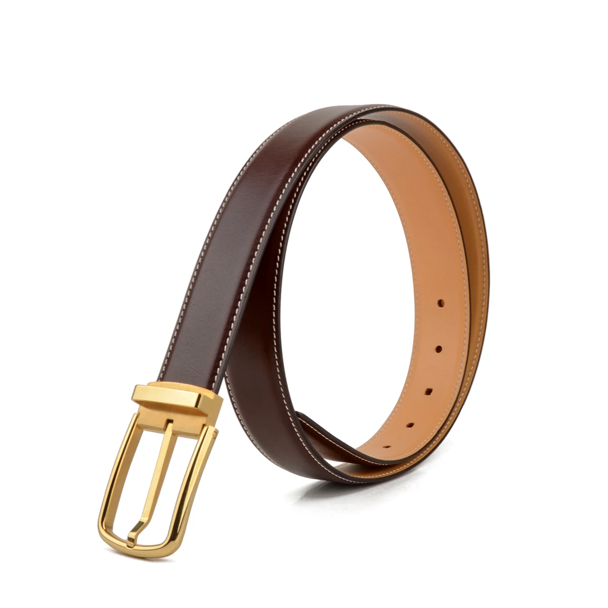 DONNAIN Men Belts Natural Cowhide Leather Simple Modern Gold Metal Buckle Adjustable Suit Belt Man Accessories Brown White line