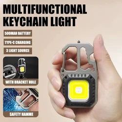 Mini Portable LED Keychain Flashlight Built-in 500mAh Battery Type-C Charging Outdoor Camping Emergency Safety Hammer Work Lamp